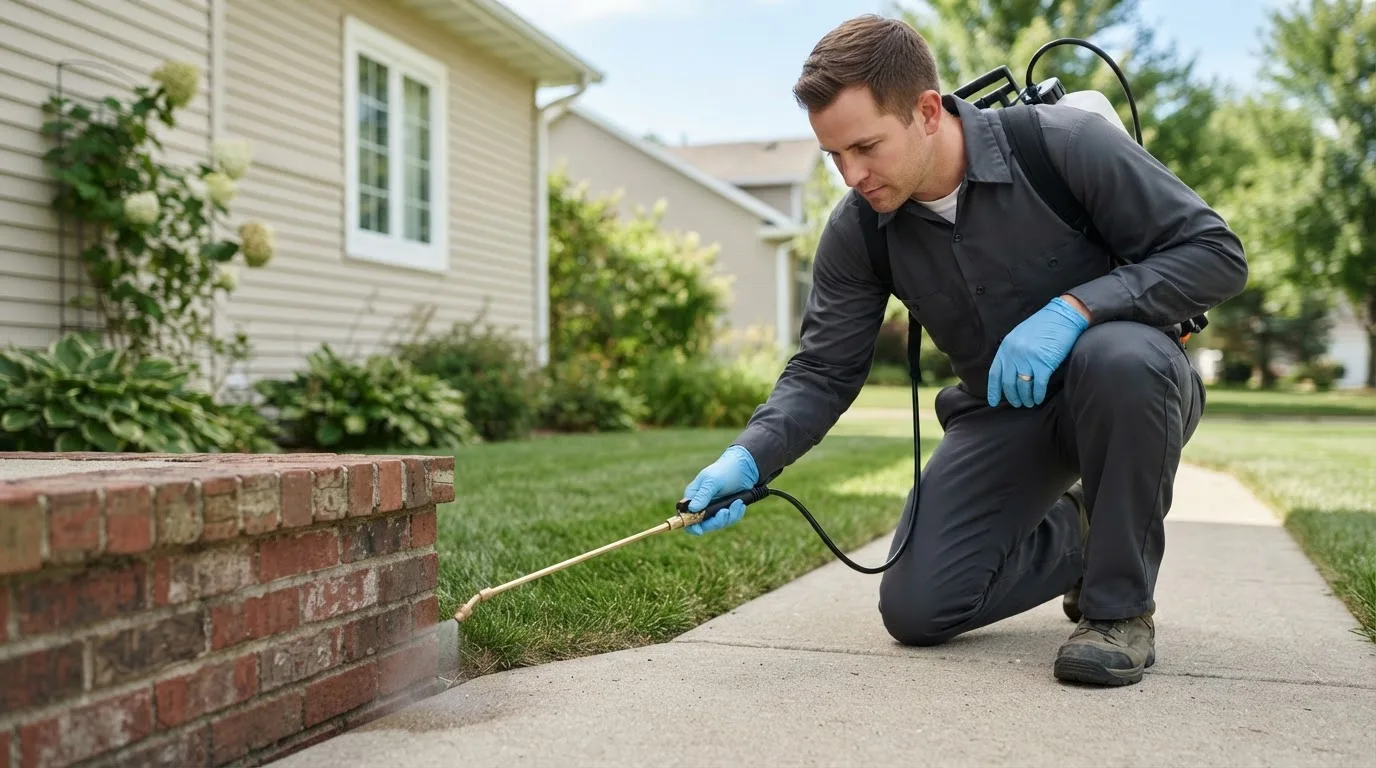 Pest control technician treating a home near Liberty Lake, WA